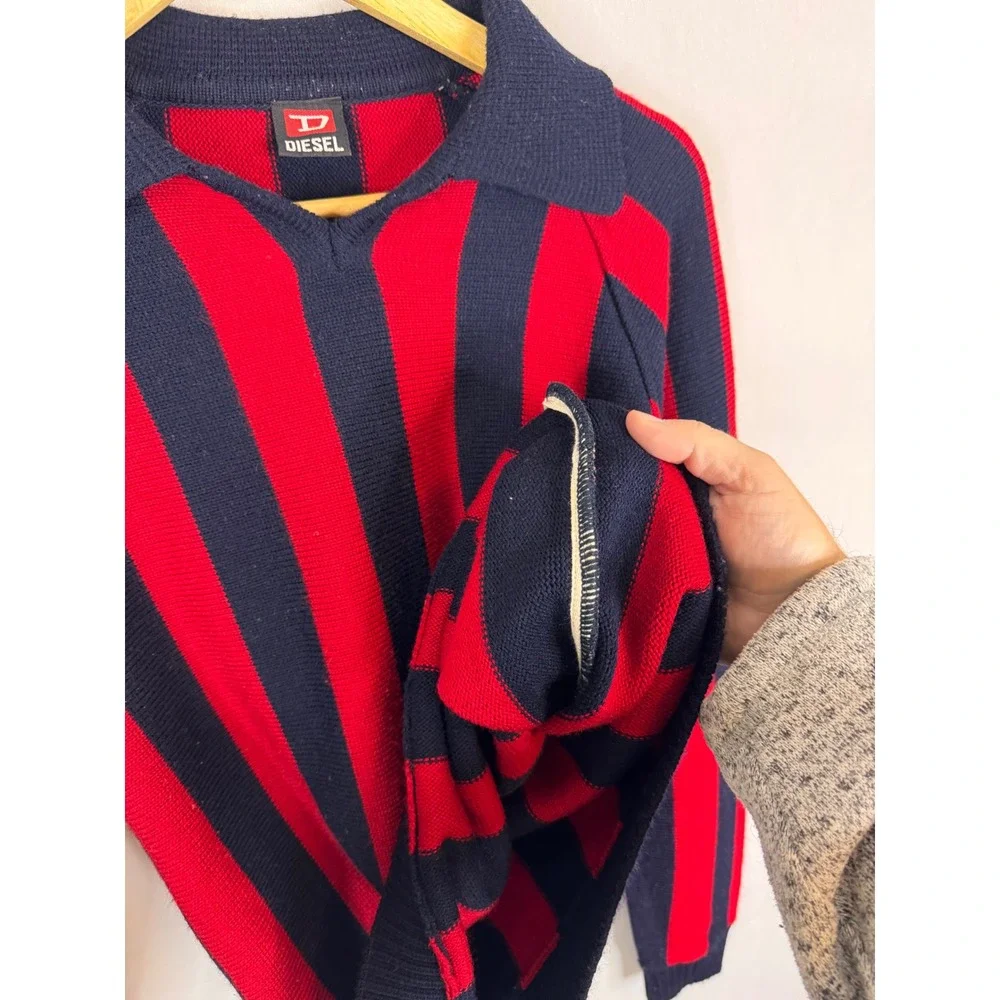 Diesel Red Navy‎ Blue Vertical Stripe Polo Collar Knit Sweater Men M AC Milan